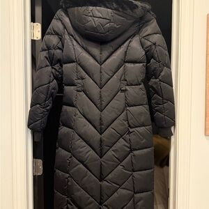 Michael Kors Black Long Chevron Quilted Puffer Coat with Hood